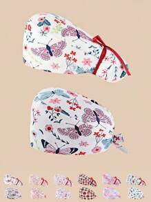 2 piezas Gorro protector con estampado floral y cuello en V, de mezcla de algodón. Adecuado para enfermeras, personal hospitalario y trabajadores de limpieza. Presenta diseño antibacteriano y a prueba de polvo, con cobertura para la parte trasera de la cabeza