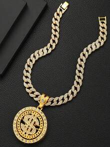 复古嘻哈时尚可旋转美元符号大号链条项链，配锆石吊坠，适合男女，可作为送给男朋友的圣诞派对和节日礼物 - 旋轉美金 - 查看 18
