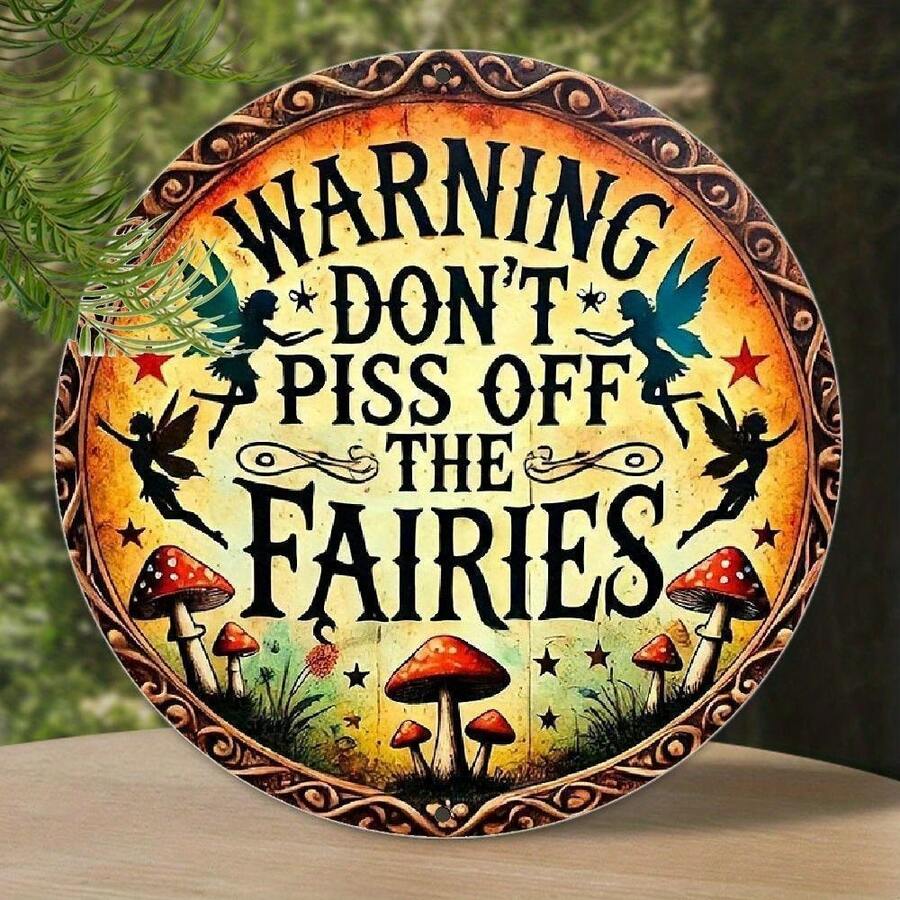 [Vintage Fairy Sign] Rustic 8x8 Inch Vintage Fairy Warning Sign Wall Art Decor | Durable Outdoor Decoration For Garden Or Home With Whimsical Fairy & Mushroom Design, Easy To Hang, Made - Multicolor - View 1
