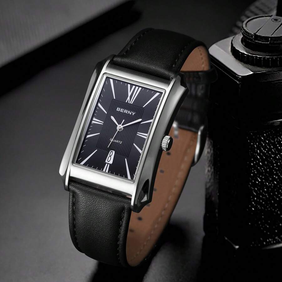 BERNY Men's Genuine Leather Strap Business Dress Watch-Minimalist Easy-To-Read Dial,Columnar Hour Markers,Vintage Trapezoidal Case,Date Window,30M Water-Resistant Quartz Watch For Office & Formal Events - 黑色 - 查看 1