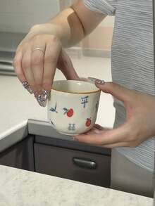 手绘“平安喜乐”陶瓷杯碟套装，釉下彩工艺，咖啡杯碟，早餐杯碟，早餐杯，办公室马克杯，适合日常使用，家庭聚会，派对，圣诞节礼物，节日礼物