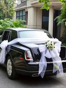 Luxurious White Wedding Car Decorative Fabric With Transparent Mesh, Polyester Floral Arch For Wedding, Party, Christening And Themed Events, Wedding Accessories, Elegant Decor, Wedding Car Rearview Mirror Decor, Wedding Car Decoration