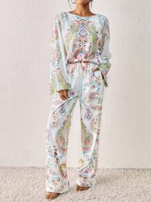 Conjunto de salón mujer estilo bohemio con estampado de cachemir transparente, top de manga larga y pantalones anchos con bolsillo, conjunto de dos piezas para el otoño