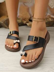 女士厚底趾环凉鞋，时尚休闲夏季一脚蹬，带蝴蝶、珍珠和水晶扣装饰 - 黑色 - 查看 3