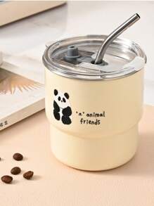 304 Stainless Steel Cartoon Water Cup With Straw And Transparent Lid Couple Water Cup Outdoor Camping Cup Ins Simple Coffee Cup
