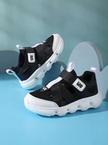 1 Pair Teenagers' Mesh Breathable Sports Shoes, Hollow Design, Elastic Upper, Hook & Loop Closure For Easy On/Off, Contrast Color Combination, Fashion & Versatile, Non-Slip & Durable Sole, Suitable For Daily Running, Sports, Travel & Multiple Scenarios
