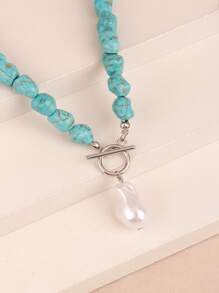 1pc Asymmetrical Turquoise & Faux Pearl Pendant Necklace For Women, Handmade Beaded Necklace With Varying Turquoise Patterns, Suitable For Everyday Wear