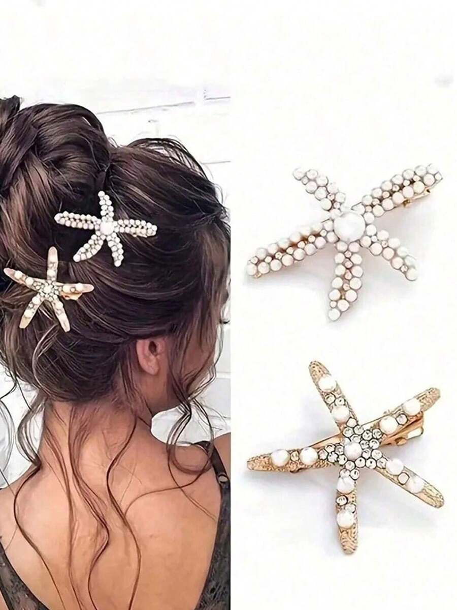 3pcs Vintage Faux Pearl Decor Starfish Shaped Hair Clip Stylish Hair Bun Maker Accessory, Suitable For Women And Girls For Daily Wear, Claw Clips, Clips For Hair, Hair Slide, Hair Claws - Multicolor - View 1