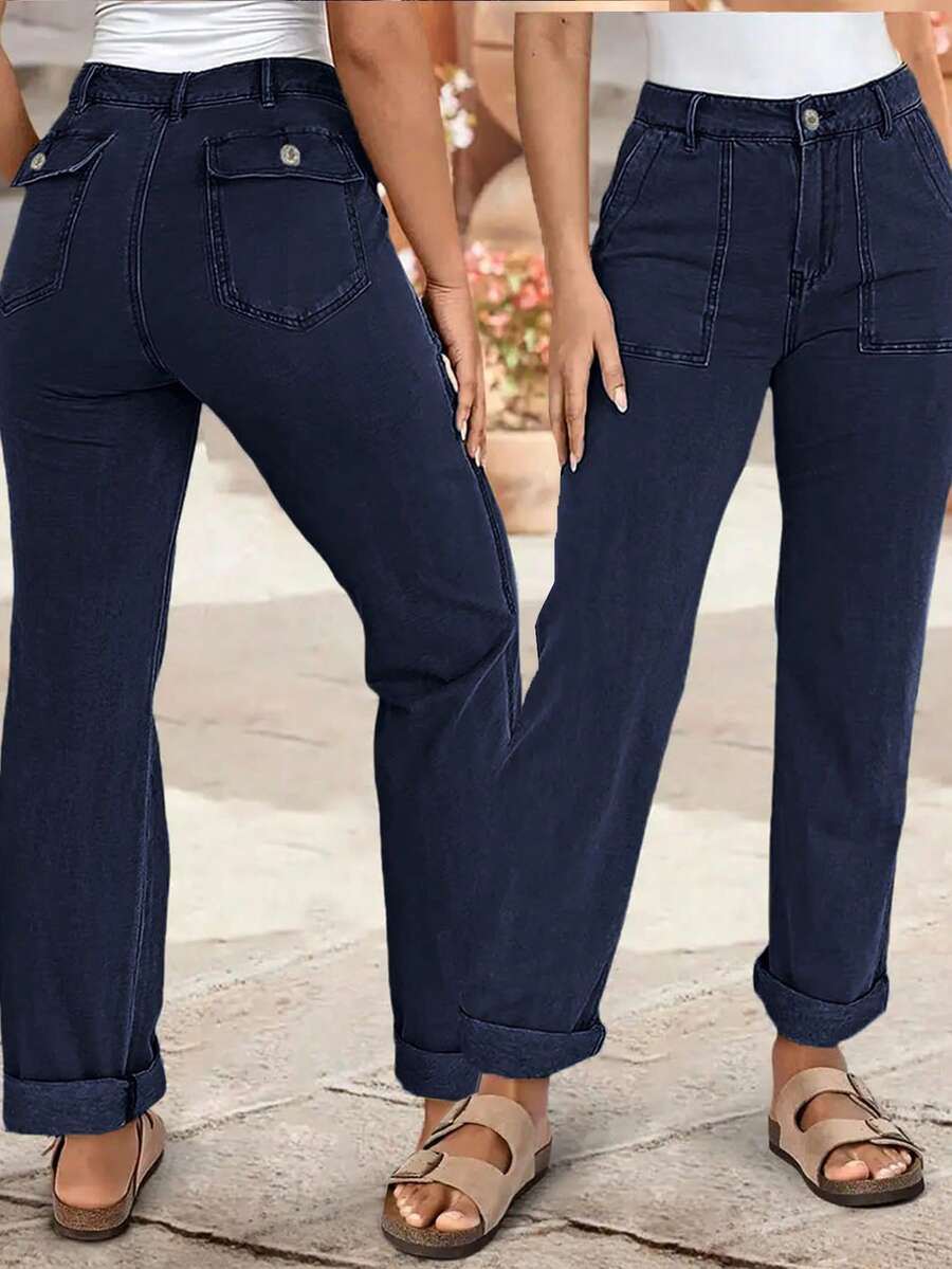 Women's New Mid-Waist Solid Color Elastic Straight-Leg Jeans, Autumn Casual Spring - Navy Blue - View 1