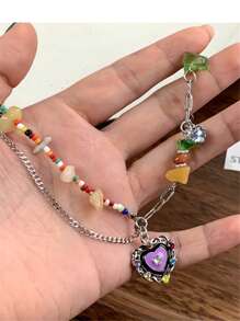 Color Bead Heart Necklace, Vintage Multicolored Stone Enameled Heart Pendant Necklace, Choker Necklace For Girls (Random Color/Placement)
