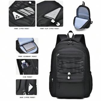 Sac à bandoulière pour élèves du collège, sac à dos grande capacité pour élèves du lycée et étudiants, sac à bandoulière minimaliste de couleur noire unie avec sangles d'épaule réglables, sacs à dos pratiques pour les étudiants, les hommes et les femmes pour le trajet quotidien, rentrée scolaire