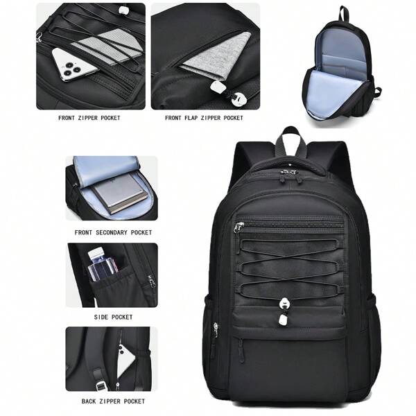 Shoulder Bag Middle School Students Schoolbag, Large Capacity High School Students College Students Lightweight Backpack, Minimalist Solid Color Black Shoulder Bag With Adjustable Shoulder Straps, Practical Backpacks For College Students, Men And Women Casual Commuter Student Backpacks, Back To School Season Laptop Bag For Men