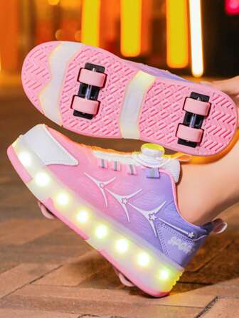Zapatos deportivos casuales con luces LED para mujer, adecuados para todas las estaciones, con hebilla giratoria cómoda, patines elegantes de gradiente plano para skateboard y zapatillas de running