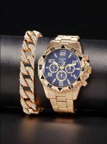 Relógio de quartzo masculino com pulseira dourada de aço inoxidável, estilo empresarial simples, 2 peças + pulseira, adequado para decoração diária e festa