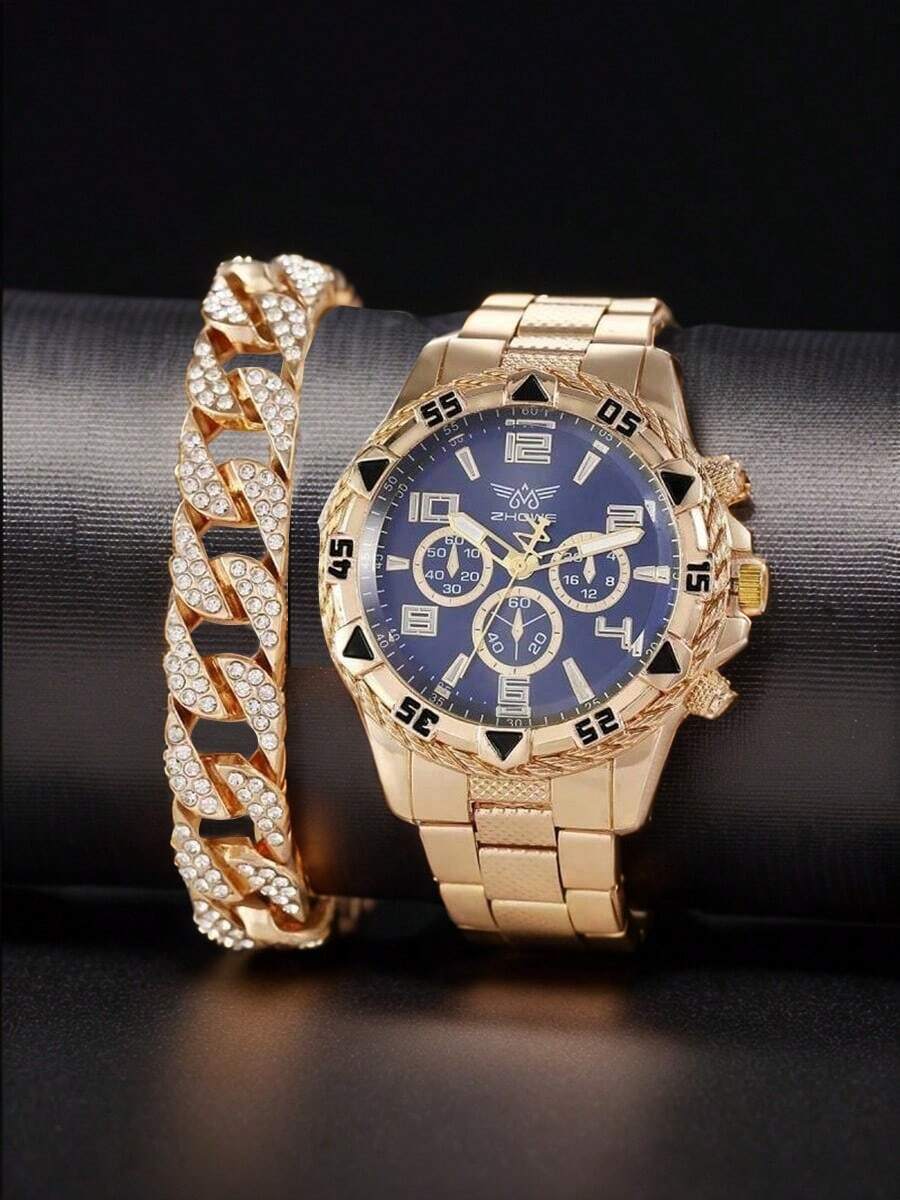 Relógio de quartzo masculino com pulseira dourada de aço inoxidável, estilo empresarial simples, 2 peças + pulseira, adequado para decoração diária e festa