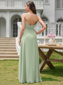 Volly Toych Celadon Solid Color Floor-Length Chiffon Spaghetti Straps Elegant Formal Bridesmaid Dress With Low Back, Wedding Guest Dress - Mint Green - View 1