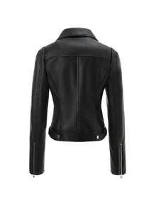 Women's PU Collar Jacket, Spring/Autumn New European And American Style, Solid Color Zipper Pockets Button Decor, Commuter Casual Travel Motorcycle Outwear - Black - View 3