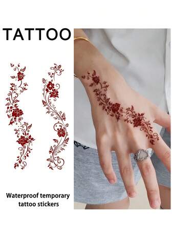 1片装海娜纹身贴纸，花卉图案，斋月、开斋节、宰牲节主题，防水防汗，红色，男女通用，可用于脚部、手臂、胸部、腿部、腹部、腰部、手指、颈部、脊柱等部位，现代主义人体彩绘