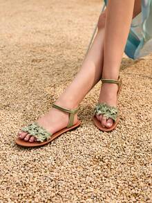 Tropiscape Women's Fashion Embroidered Comfortable Elastic Band Beach Flat Sandals Plus Size Beach Autumn Winter Gifts Cottagecore, Warm - Green - View 3