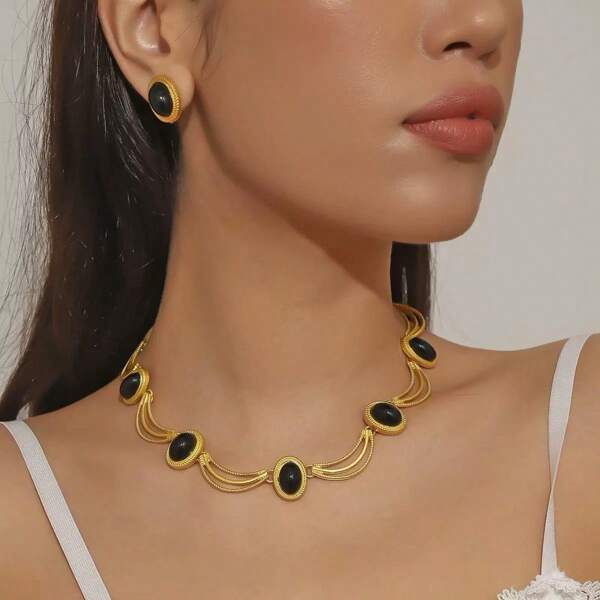 2pcs Oval Gemstone Necklace & Metal Jewelry Set, Vintage Luxury Accessories