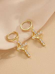 2Pcs Gold Crown Cross Hoop Earrings For Women, Sparkling Crystal Detail, Elegant Religious Jewelry For Daily Wear, Gift For Christmas Or Special Occasions