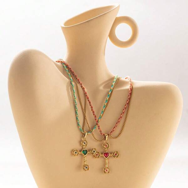 1pc Simple Elegant Heart, Rose, Cross Stainless Steel Braided Rope Necklace Clavicle Chain, Suitable For Women Vacation & Daily Wear