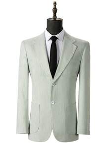 2PCS Men's Seersucker Suit, Mens Summer Spring Striped Seersucker Slim Fit Suit Grooms Lightweight Searsucker Suit For Beach Wedding - 綠色 - 查看 2