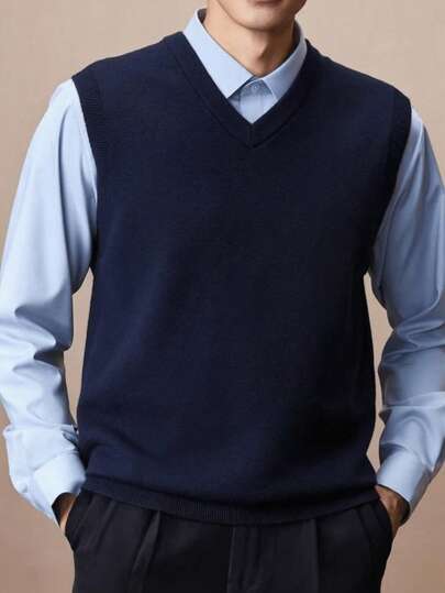 Chaleco de punto casual versátil de cuello en V liso para hombre