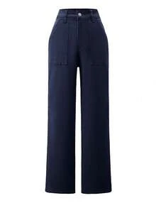 Women's New Mid-Waist Solid Color Elastic Straight-Leg Jeans, Autumn Casual Spring - Navy Blue - View 5