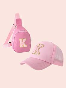 2 件套女童粉色棒球帽配 26 个字母卡车帽和迷你单肩包套装，轻便便携零钱包，适合日常户外防晒 - 粉標粉紅色 - 查看 43