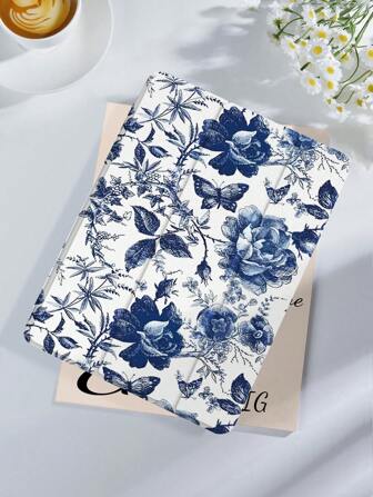 复古蓝玫瑰图案平板电脑保护套 适用于 iPad 10.2 英寸 2021/2020 iPad 9/8 代，平板电脑保护套 适用于三星 Galaxy Tab A8 10.5 英寸 2022，兼容华为 Matepad 10.4/Tab，睡眠唤醒/横竖屏支持/情侣/时尚，iPad 保护套