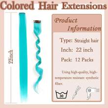 12 Pcs Black+R-Blue Hair Extensions 22 Inch Straight Colored Hair Colorful Clip Hair In Extensions Highlight Party For Kids Girls And Women Gift(Black+R-Blue,56)