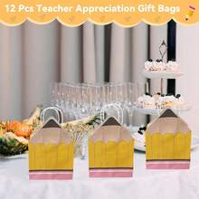 12 个创意铅笔形礼品袋，8.27*5.9*3.15 英寸 返校糖果袋、零食礼品纸袋、生日派对礼品袋、返校礼品盒、铅笔袋、教师答谢礼品袋、铅笔形教师礼品袋、大容量迷你教师礼品袋（带手柄） - 彩色 - 查看 6