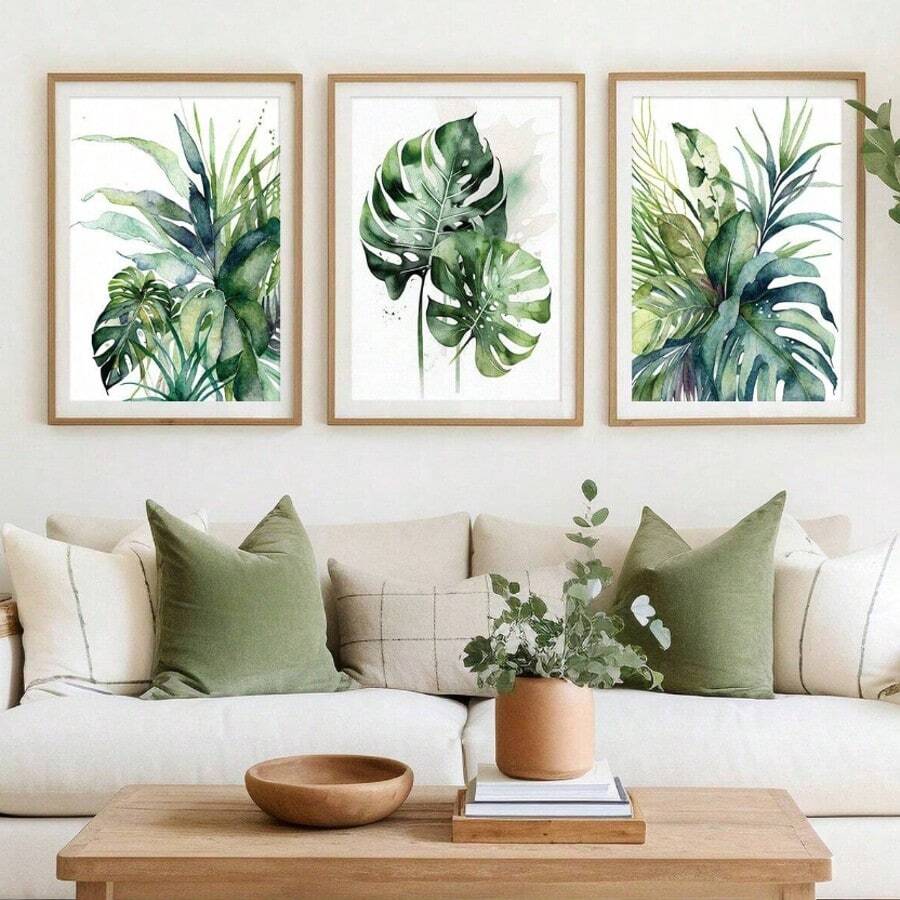 3 件复古水彩热带叶画，客厅植物海报，龟背竹热带植物墙面艺术画，金色龟背竹艺术装饰，无框帆布海报，理想礼物，现代墙面艺术印刷品，适用于客厅、书房、卧室、走廊