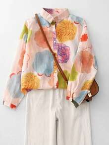 女式休闲花卉印花纽扣长袖衬衫，秋季 - 彩色 - 查看 1