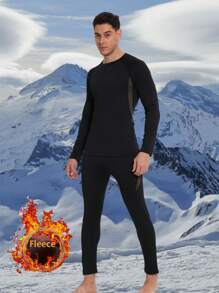 Men's Patchwork Thermal Lined Warm Suit, Autumn/Winter Outdoor Sports Running Fitness Thermal Skiing Base Layer Underwear Set