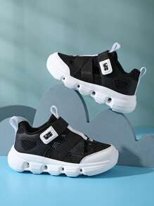 1 Pair Teenagers' Mesh Breathable Sports Shoes, Hollow Design, Elastic Upper, Hook & Loop Closure For Easy On/Off, Contrast Color Combination, Fashion & Versatile, Non-Slip & Durable Sole, Suitable For Daily Running, Sports, Travel & Multiple Scenarios