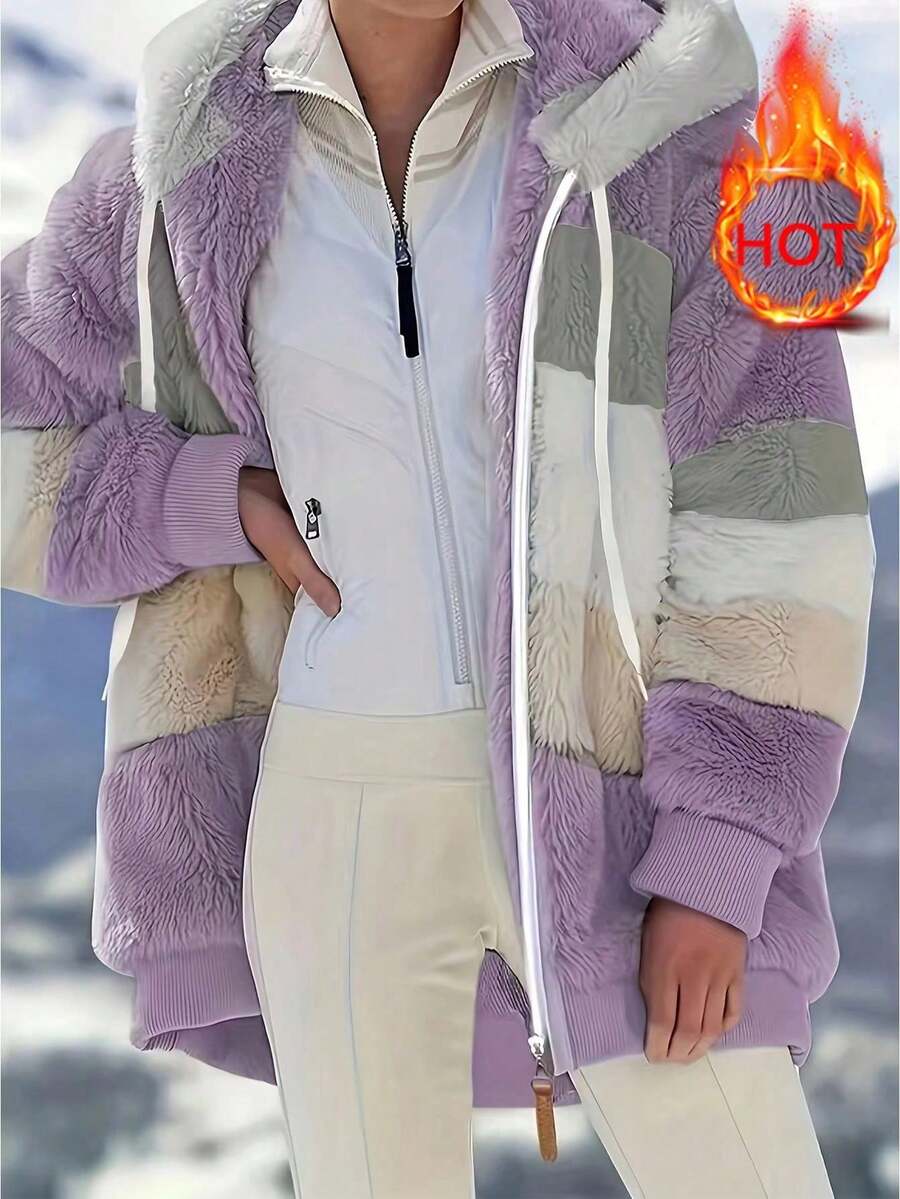 Fluffy New Jacket, Autumn/Winter, Women's Loose Furry Multi-Color Patchwork Hooded Coat