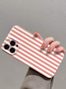 1pc Simple Striped Pattern Glossy Perforated Faux Leather Full Cover Hard Phone Case Suitable For IPhone 11/12/13/14/15/16 Pro Max Waterproof Shockproof Anti-Fall Scratch Resistant