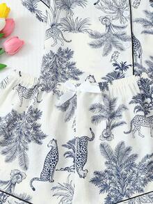2 件柔软棕榈树和长颈鹿印花翻领纽扣短袖上衣带口袋和蝴蝶结短裤睡衣套装，女士家居服，春夏季 - 白色 - 查看 5