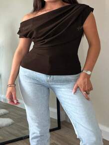 Plus Size Elegant Basic Casual Unique Gorgeous Asymmetrical Neck Crop Top, Fitted Short Sexy Shoulder Revealing Top For Women