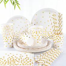 Conjunto de 120 itens para festa de aniversário em dourado, incluindo pratos descartáveis de folha dourada, pratos de festa de 7/9 polegadas com bolinhas brancas e douradas, canudos listrados em branco e dourado, pratos descartáveis de folha dourada, copos, guardanapos, adequados para aniversários, casamentos e jantares de festa - Multicolorido - Ver 3