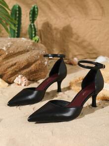 On feet& in love Fall/Winter 2025 Women's Fashionable Elegant Pointed Toe Slip-On Hollow Out Single Strap High Heel Pumps, Suitable For Dresses, Elegant,Elegant,Kitten Heels - Black - View 6