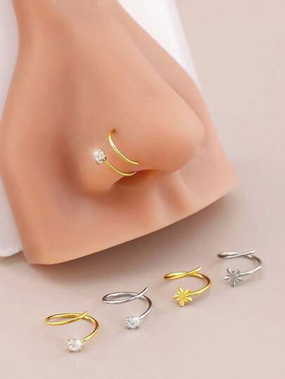 Set de 4 piezas de anillos para la nariz y aretes de acero de grado médico con decoración de flor de circonita brillante, pendientes nasales ajustables en estilos de estrella, redondo y otros, regalo adecuado para amigos, Día de San Valentín, Día de la Madre