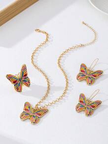 Designer Fashion Vintage Colorful Enamel Butterfly Decorated Pendant, Bracelet, Ring, Earring, Arm Band Jewelry Set, Suitable For Women Beach Vacation Wear, Excellent Gift Choice For Festivals