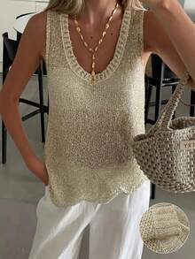 Whisplicity Mejors Plus Size Women French Fashion Casual Cute Shiny Textured Asymmetric Hem Round Neck Sleeveless Knit Top, Summer Vacation Wear - Gold - View 4