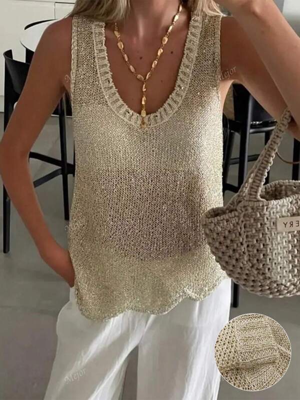 Top de punto sin mangas con cuello redondo, bajo asimétrico, con acabado texturizado y destellos, para mujer, de estilo casual y elegante, perfecto para vacaciones de verano