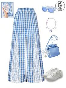 时尚休闲宽松蕾丝拼布直筒度假女童裤夏季多功能格纹裤适合大中小学生日常生活穿着 - 淺藍色 - 查看 1