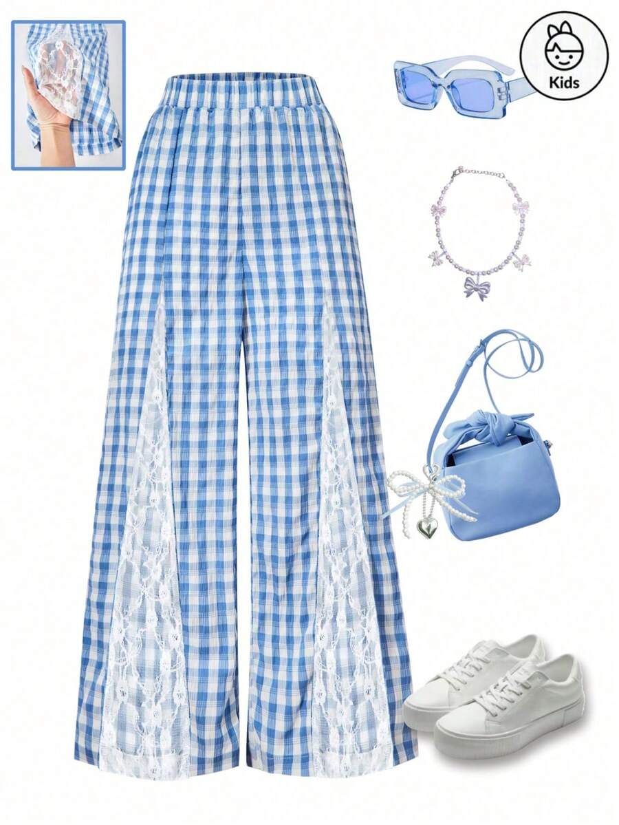 时尚休闲宽松蕾丝拼布直筒度假女童裤夏季多功能格纹裤适合大中小学生日常生活穿着 - 淺藍色 - 查看 1