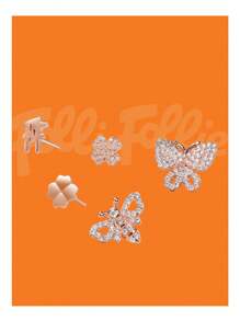 Folli Follie 5pcs Rose Gold-Tone Butterfly Stud Earrings For Women Stainless Steel Zirconia Earrings Butterfly /Heart-Shaped/Clover Earring Jewelry Set Creative Gift For Women